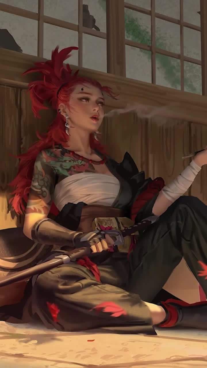 Android  iOS iphone Mobile Samurai Warrior Tattooed Girl Live Wallpaper