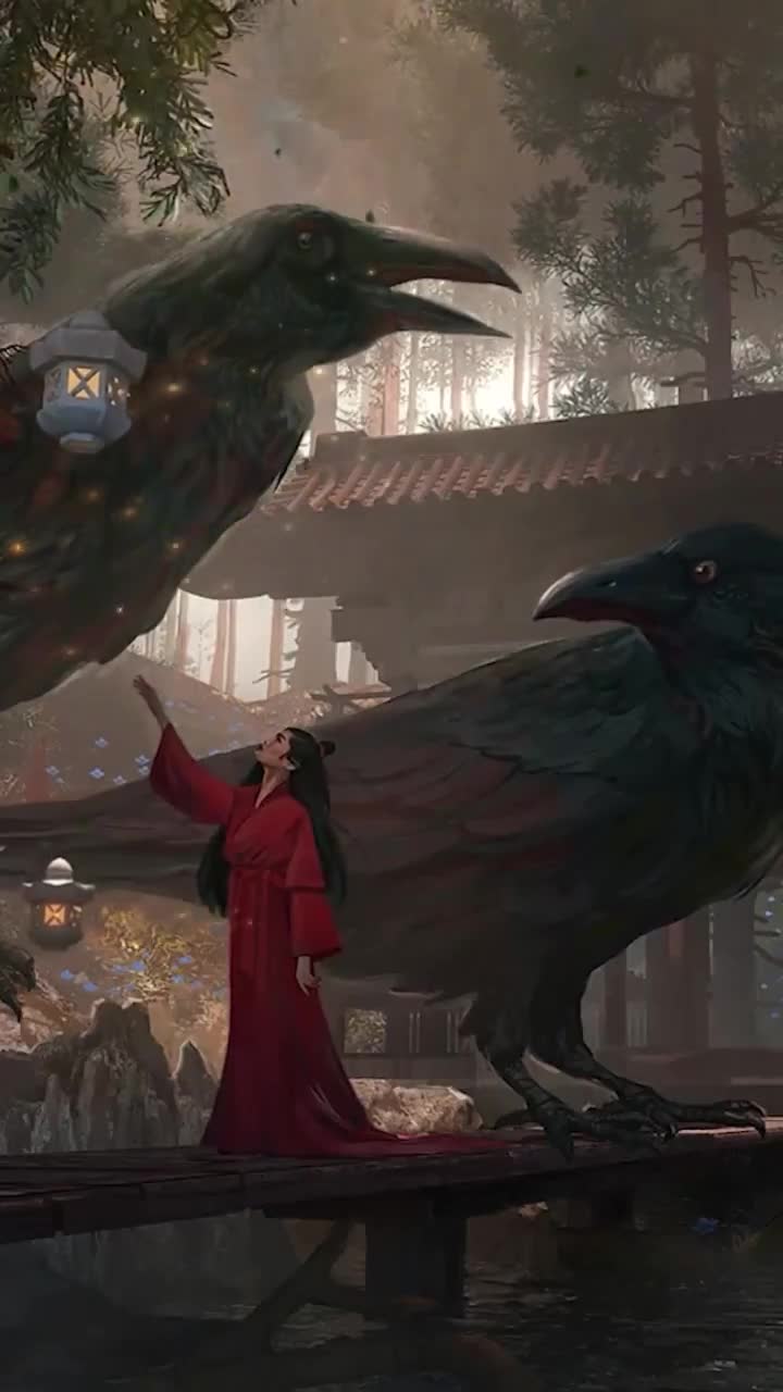 iPhone  Android Giant Crow In The Temple Asian Girl Phone Live Wallpaper
