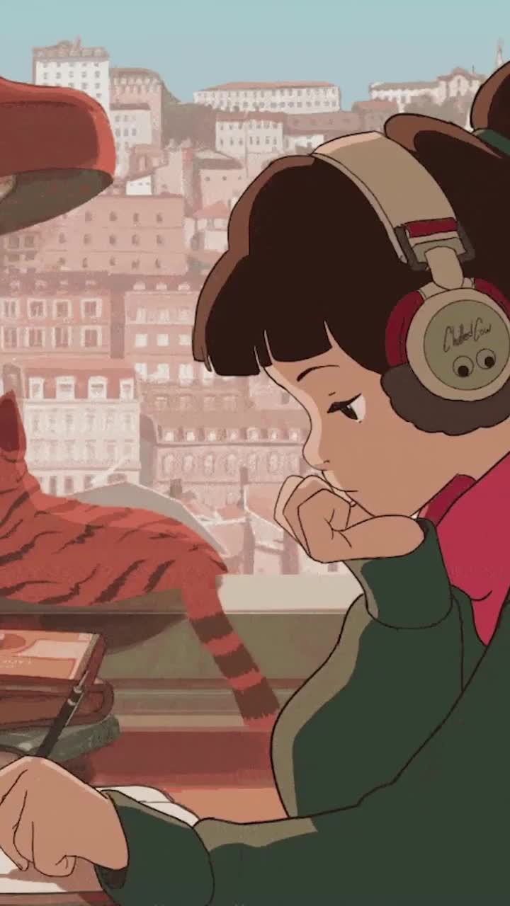 iPhone  Android Girl With Headphones Studying In Room Phone Live Wallpaper