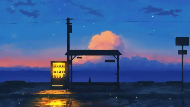 Cat Waiting at Sunset Bus Stop LoFi Live Wallpaper