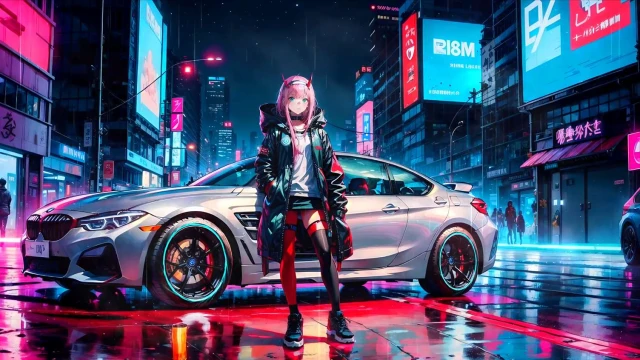 Zero Two Cyberpunk BMW - 4K Night City Wallpaper